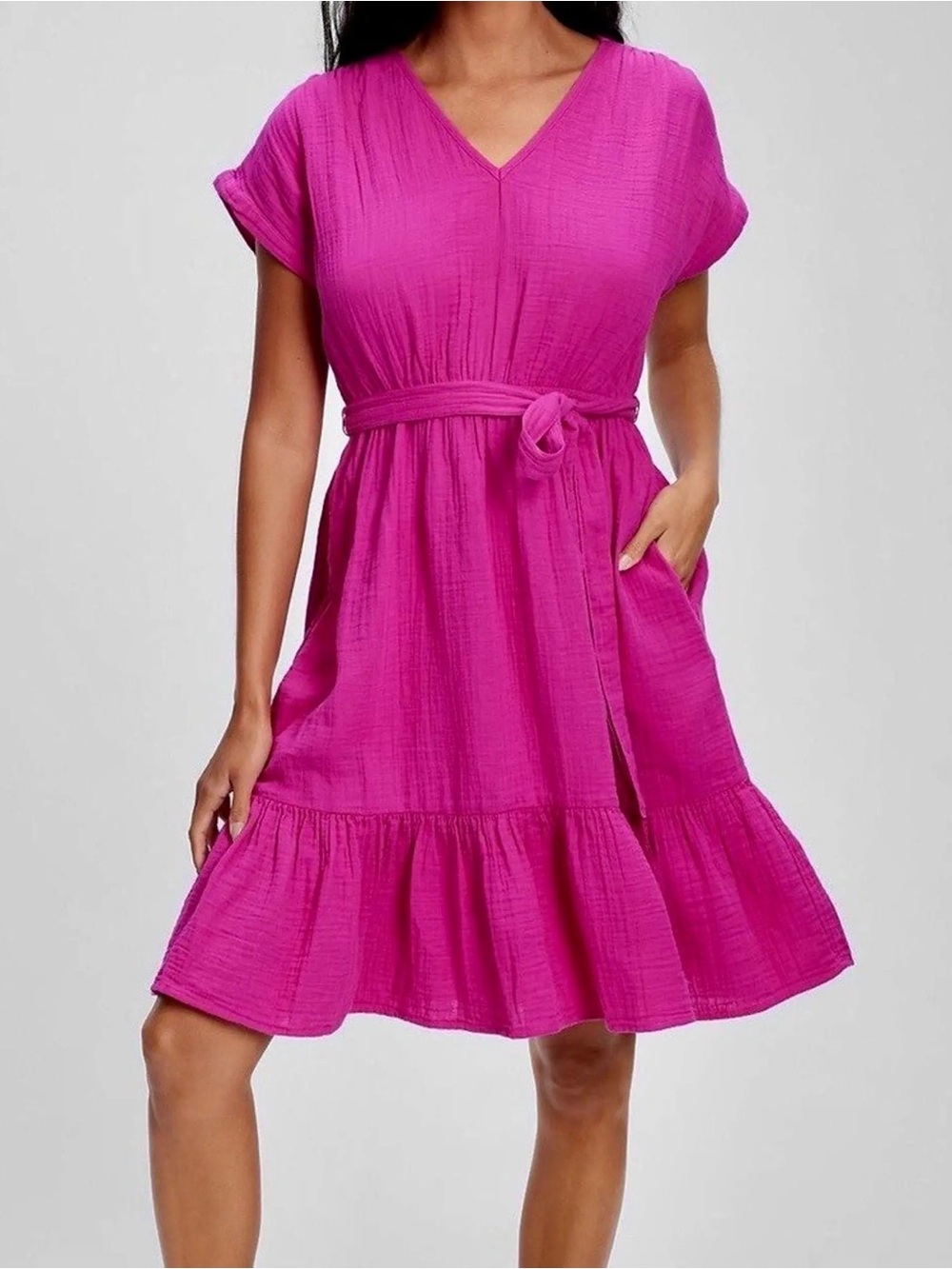 Gap Women's V-Neck Belted Ruffle Hem Dress in Fuchsia NWT